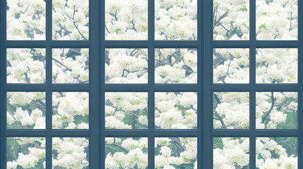 Spring blossoms seen through a lattice window