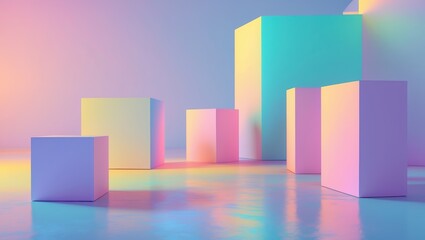 Obraz premium Pastel Color Blocks Arrange Light Blue Floor. Various Geometric Shapes Reflect Colors in Studio Setting, Soft Lighting