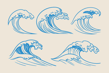 Vintage Hand-Drawn Sea Waves Collection, Stormy Ocean Tides, Beach Storms, and Nautical Wave Sketches in Vector Illustration