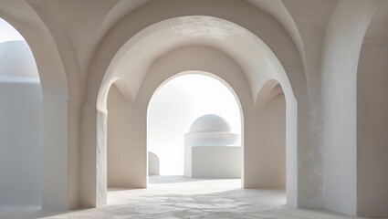 White arches hall and bright daylight. Classic smooth walls. Dome visible through last arch. Light floor surface.
