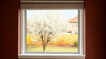 Fototapeta premium Spring blossoms viewed through an interior window