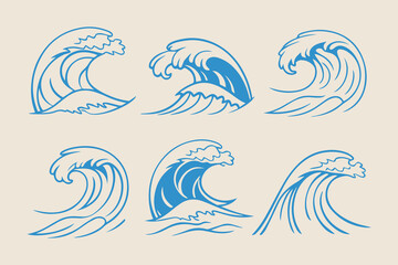 Vintage Hand-Drawn Ocean Waves, Storm Tides, and Beach Storms Vector Illustration Set