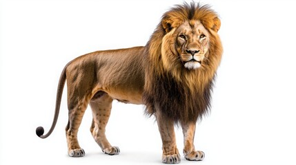 Obraz premium A striking lion standing proudly against a pure white background showcasing its majestic features and strength