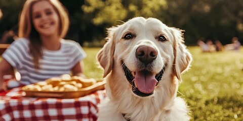Pet adoption stories concept. Happy golden retriever with a woman enjoying a picnic in a sunny park setting.