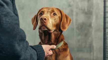 Pet adoption stories concept. A dog looking up at its owner with a gentle expression in a cozy setting.