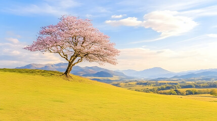 Spring Cherry Blossom Tree on Hilltop Meadow