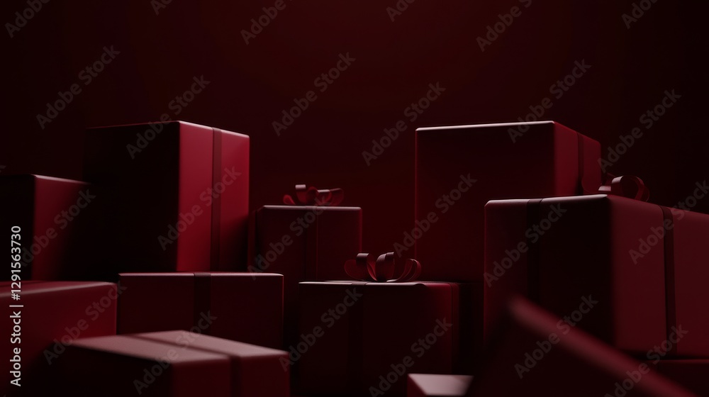 Poster dark red abstract space filled with various box shapes creating an atmospheric and mysterious enviro