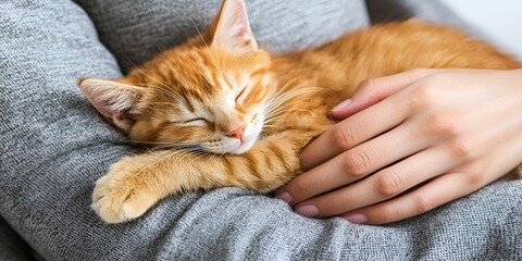 Pet adoption stories concept. Cozy orange cat sleeping in a person's lap, showcasing warmth and companionship.