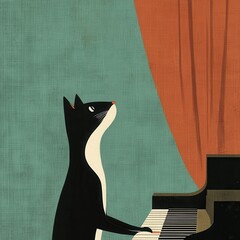 Cheerful Cat Musician Playing Piano on Stage with Warm Curved Background