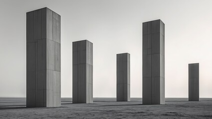 Obraz premium Concrete pillars stand in arid landscape. Gray rectangular forms create abstract art on dry land against pale sky.