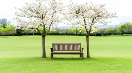 Spring park bench under blossoming trees