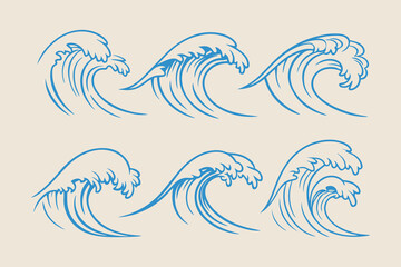 Obraz premium Vintage Hand-Drawn Ocean Waves, Storm Tides, and Beach Storms Vector Illustration Set