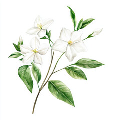 beautiful white jasmine branch with fragrant blooms and lush green leaves, showcasing delicate details of nature artistry. This illustration captures essence of tranquility and elegance