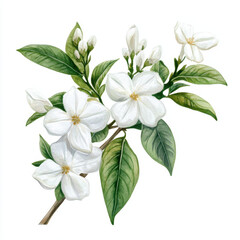 white jasmine branch with fragrant blooms and lush green leaves, showcasing delicate flowers that evoke sense of tranquility and beauty