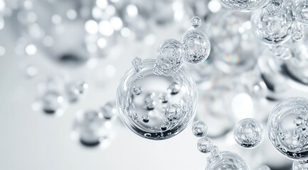 Translucent bubbles floating in a bright abstract background with soft light reflections.
