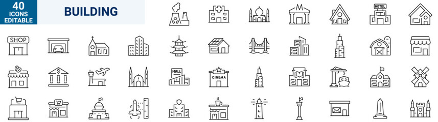 Set of 40 web icons Building in line style. Airport, Office, Hotel, Hospital, Insurance, town house, mall, coffee. Vector illustration.