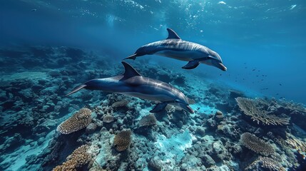 Obraz premium Oceanic Dolphins Gracefully Swimming Through Vibrant Coral Reef