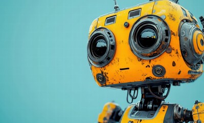 Fototapeta premium A cute robot image with a blue background. This robot has big eyes and a smiling expression, making it very friendly and approachable.