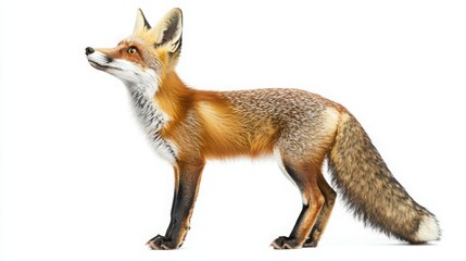 Fototapeta premium Striking red fox standing proudly in a vibrant forest surrounded by lush vegetation and rays of sunlight