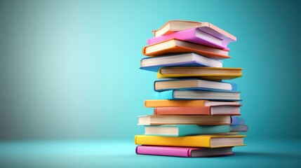 Stack of colorful books arranged neatly on a blue background with soft lighting and shadows
