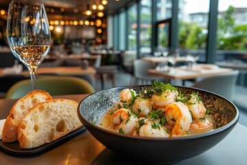 Garlic gambas al ajillo with toasted bread and white wine in restaurant setting