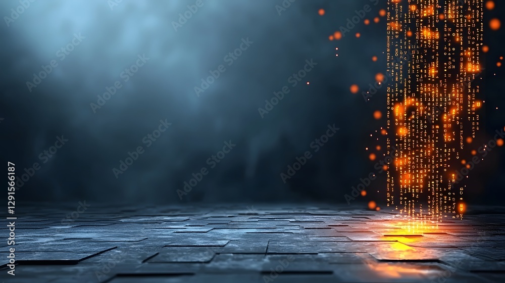 Poster falling digital matrix code cascading from the edges of a moody dark sci fi background with an empty