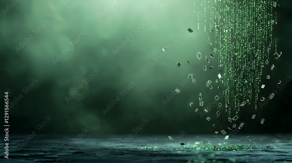 Poster falling digital matrix code streaming from the edges against a dark moody sci fi background with an 