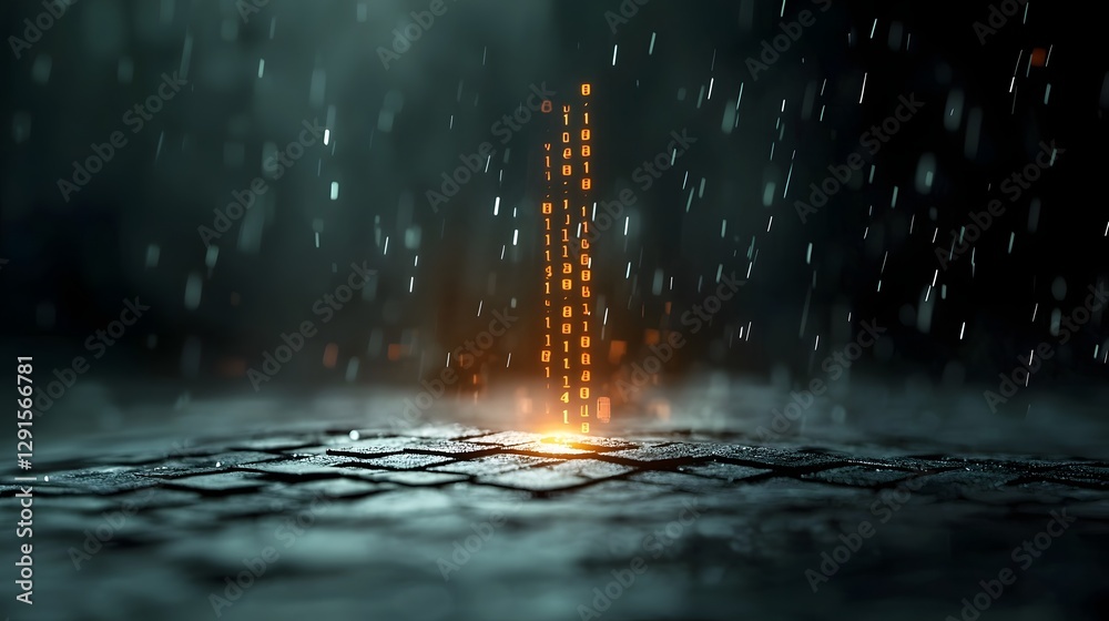 Poster falling digital matrix code raining down from the edges creating a mysterious dark sci fi cyberspace