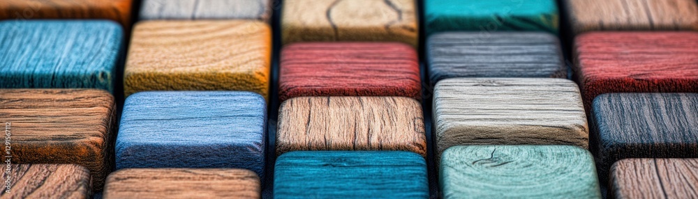 Poster close up view of a colorful wooden table surface with various patterns and textures