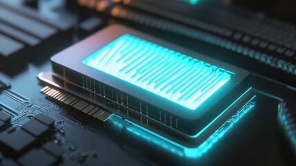 Futuristic Microchip: Glowing Cyan Technology