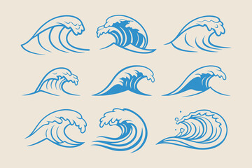 Hand-Drawn Sea Waves Sketch Set, Vintage Storm Waves, Ocean Tides, and Beach Storms Vector Illustrations