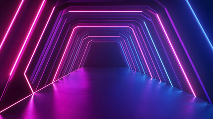 Fototapeta premium A dark blue background with purple and pink neon lines in the shape of hexagons 