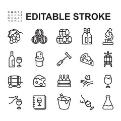 A set of line icons related to wine and brewery. Contains icons such as wine, beer bottles and many more.