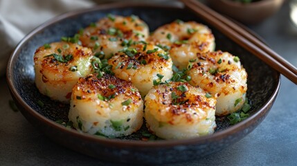 Grilled shrimp rice cakes, Asian cuisine, kitchen setting, food blog