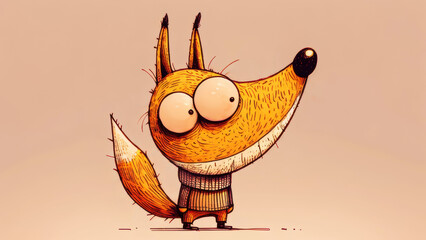 A cartoon character of a fox dressed in clothes and standing on his hind legs. The fox looks friendly and attentive, its eyes are wide open and its ears stand up straight