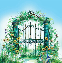 Beautiful flower gate garden Mughal art, Traditional Mughal peacock Garden. Mughal architecture illustration wallpaper. Botanical landscape illustration