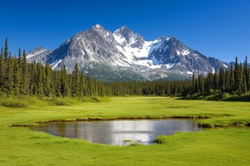 Spring or summer landscape with mountains green fields, and wild land of Montana