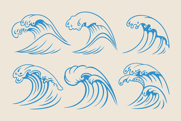 Hand-Drawn Sea Waves Sketch Set, Vintage Storm Waves, Ocean Tides, and Beach Storms Vector Illustrations