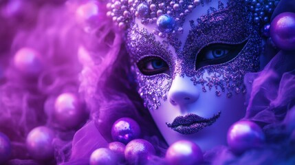 Woman in a purple mask and purple feathers posing for a portrait in a vibrant setting