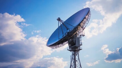Satellite Communication Dish Under a Blue Sky With White Clouds