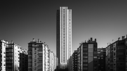 Obraz premium A dramatic black and white photograph capturing a towering skyscraper dominating the skyline, surrounded by a dense cluster of smaller apartment buildings
