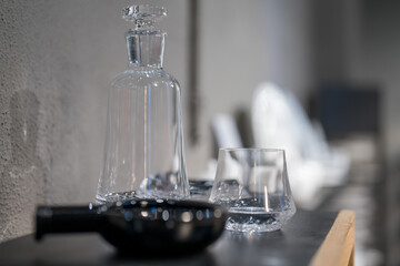 Close up on luxury italian tableware, dishes and glasses.