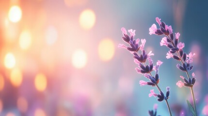 Obraz premium A close-up of lavender flowers with a dreamy, soft-focus background creates a serene atmosphere, Ideal for wellness, beauty, or nature-related projects highlighting tranquility and relaxation,