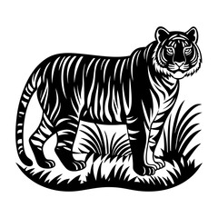 Fototapeta premium Monochrome tiger standing amidst tall grass black and white vector illustration for wildlife and nature projects