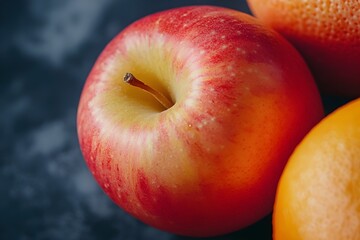 Close-up of Apple and Orange, perfect round apple with shiny skin, while bright orange forms a fresh orange circle, both display natural appeal that is attractive to eat