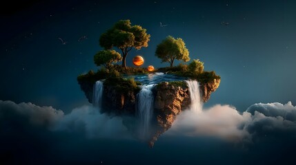 Floating magical islands with cascading waterfalls glowing orbs and a dreamy misty central landscape suspended in a serene ethereal atmosphere
