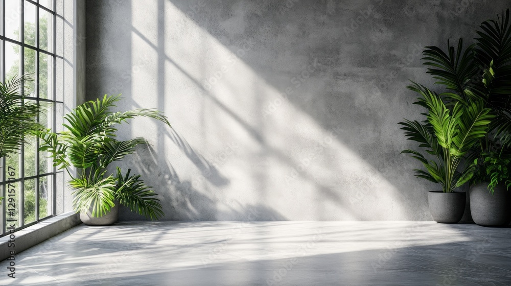 Poster Sunlight streams through large windows into a minimalist space, casting gentle shadows on a smooth cement wall while potted plants add a touch of nature and vibrancy to the tranquil setting