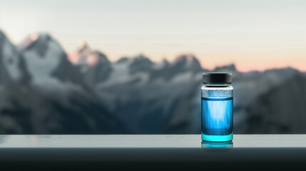 Small clear vial with glowing blue liquid on sterile white surface, symbolizing high-altitude medicine and scientific innovation in healthcare and research.