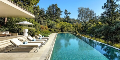 Elegant poolside relaxation area with luxury chaise lounges and lush greenery offering a serene and upscale outdoor living experience