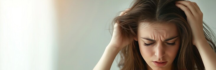 Fototapeta premium Stressed young woman with furrowed brows, holding her hair, showing signs of distress. Mental strain and discomfort concept.